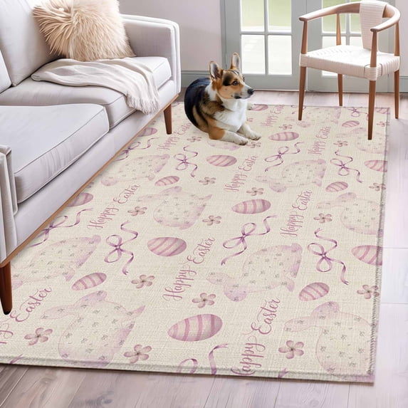 Pink Easter Area Rug 4x6 Washable Rug Non Slip Spring Farmhouse Vintage Bunny Eggs Beige Large Area Rug Indoor Floor Carpet for Entryway Bedroom Kitchen Living Room Home Office Dining Room Nursery