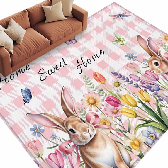 Pink Easter Area Rugs Collection 6'x9', Spring Watercolor Tulip Flower Plant Plaid Non Slip Indoor Rectangle Throw Runner Rug Floor Mat Carpet for Living Room Dining Table Bedroom Nursery
