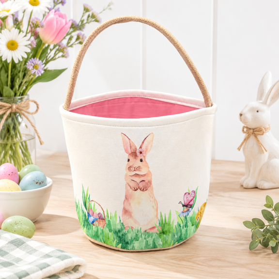 Pink Easter Basket with Watercolor Rabbit Design, Large 9 Inch Burlap Fabric for Egg Hunts and Spring Decor