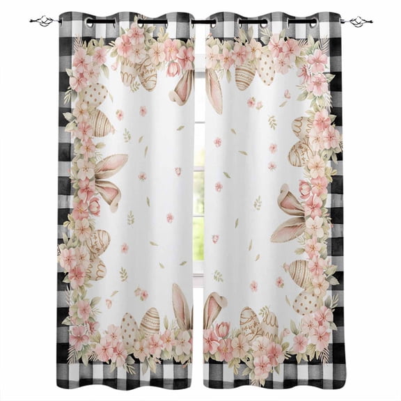 Pink Easter Black Out Curtains 63 Inch Long, Room Darkening Draperies Curtains Panels, Spring Floral Farmhouse Eggs Black Plaid Thermal Insulated Curtain for Bedroom Living Room 52"x63" 2 Panels