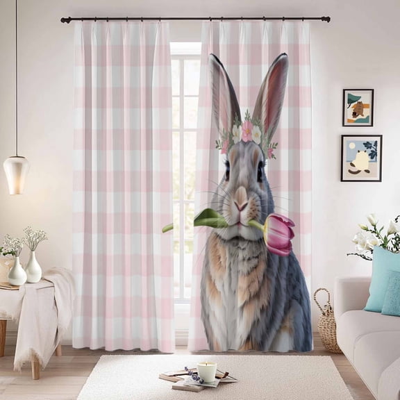 Pink Easter Blackout Curtains for Bedroom/Living Room, Pinch Pleated Black Out Curtains, Bunny Tulip Checkered Elegant Pastoral Room Darkening Window Drapes with Hooks 2 Panels, 59"x70"