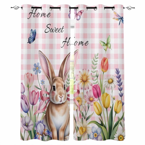 Pink Easter Blackout Curtains for Bedroom, Spring Watercolor Tulip Flower Plant Plaid Thermal Insulated Kitchen Drapes with Grommets, Light Blocking Window Treatment, 2 Panels 52" x 72"