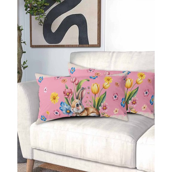 Pink Easter Bunny California King Pillow Case - Microfiber Bed Throw Pillow Covers, Spring Tulip Easter Eggs Plaid Burlap Decorative Lumbar Pillow Cover with Envelope Closure for Sofa/Travel 20"x40"