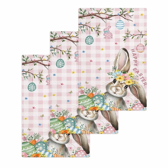 Pink Easter Bunny Kitchen Dish Towels for Drying Dishes Set of 3, Spring Easter Eggs Floral Buffalo Plaid Waffle Weave Microfiber Hand Tea Bathroom Towels Quick Dry & Absorbent Towel 15.7x23.6