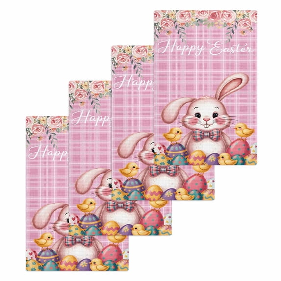 Pink Easter Bunny Kitchen Dish Towels for Drying Dishes Set of 4, Spring Easter Eggs Chicken Floral Plaid Waffle Weave Microfiber Hand Tea Bathroom Towels Quick Dry & Absorbent Towel 15.7x23.6
