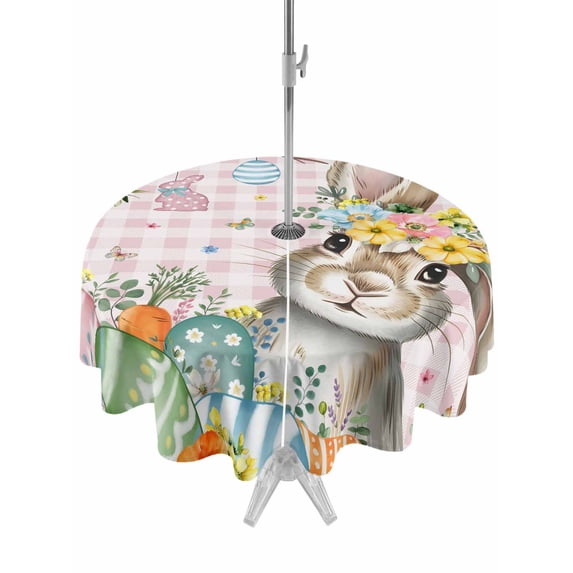 Pink Easter Bunny Outdoor Tablecloth - 54 Inch Round Dining Table Cover, Spring Easter Eggs Floral Buffalo Plaid Waterproof Outdoor Table Cloth with Umbrella Hole & Zipper for Picnic/Patio/Party