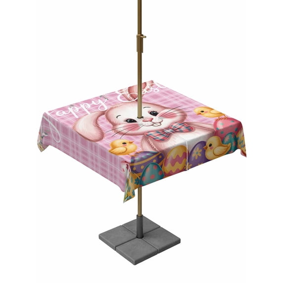 Pink Easter Bunny Outdoor Tablecloth - 60x60 Inch Square Dining Table Cover, Spring Easter Eggs Chicken Floral Plaid Waterproof Outdoor Table Cloth with Umbrella Hole & Zipper for Picnic/Patio/Party