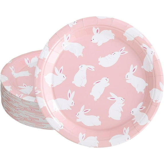 Pink Easter Bunny Paper Plates Cartoon Rabbit Disposable Plates Spring Party Tableware for Holiday Table Supplies