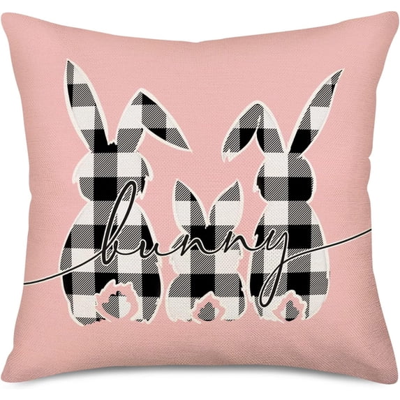 Pink Easter Bunny Pillow Covers 20x20 Inch Black and White Buffalo Check Plaid Rabbit Easter Home Decor Throw Pillow Cover Cute Animals Farmhouse Outdoor Sofa Couch Cushion Case