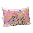 thumbnail image 1 of Pink Easter Bunny Pillow Covers, Linen Long Throw Pillow Case, Spring Tulip Floral Easter Eggs Plaid Holiday Pillow Protector Decorative Cushion Cover for Living Room/Bedroom 20" x 30", 1 of 8
