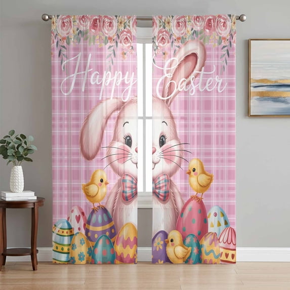 Pink Easter Bunny Sheer Curtains 63 Inch Length 2 Panels Set Window Treatments, Spring Easter Eggs Chicken Floral Plaid Rod Pocket Semi Curtains for Living Room/Bedroom/Kitchen Décor, 104"W x 63"L