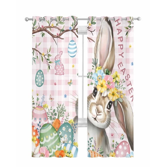 Pink Easter Bunny Sheer Curtains 84 Inch Length 2 Panels Set for Living Room/Bedroom, Spring Easter Eggs Floral Buffalo Plaid Kitchen Curtains Grommet Semi-Sheer Curtains Window Treatments 42"x84"x2