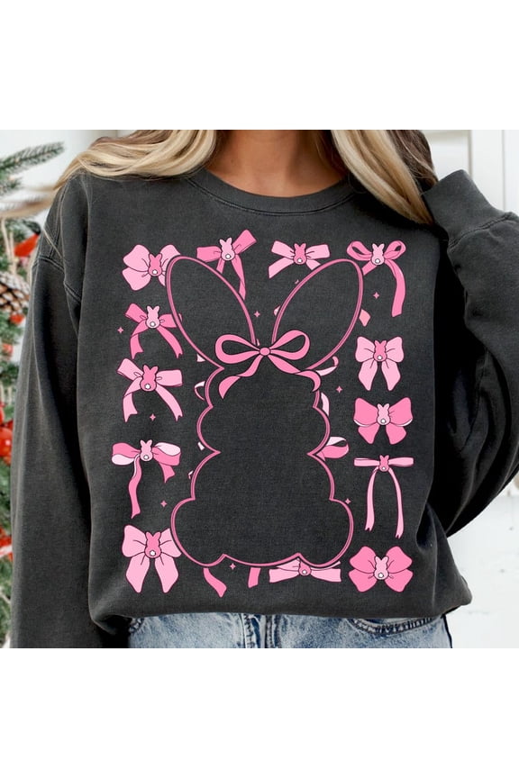 Pink Easter Coquette Bunny Sweatshirt, Floral Spring Bunny Crewneck, Happy Easter Pullover for Women