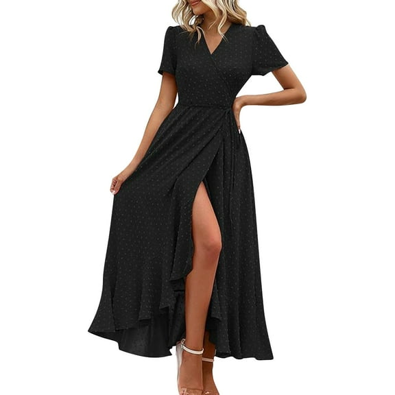 Pink Easter Dress Women, Polka Dot Dress Wrap Waist V Neck Side Slit Casual A Line Short Sleeve Flowy Maxi Wedding Guest Dresses Office For Women Spring Dresses Romper Dresses (XXL, Black) ZMTing