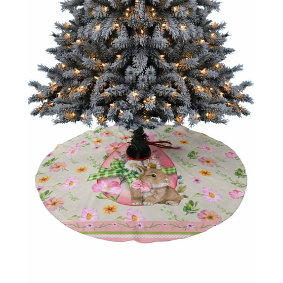 Pink Easter Eggs Bunny Christmas Tree Skirt 36 Inches Large Christmas Skirt Tree, Spring Floral Botanical Farmhouse Tree Skirt Christmas Decorations for Fireplace Party Holidays Indoor Outdoor