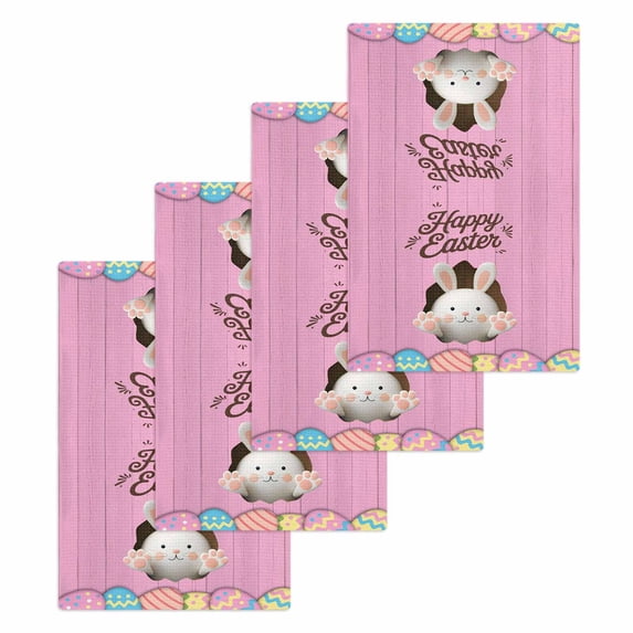 Pink Easter Kitchen Dish Towels for Drying Dishes Set of 4, Easter Bunny Eggs Spring Cartoon Farmhouse Wood Grain Waffle Weave Microfiber Hand Tea Bathroom Towels Quick Dry Absorbent Towel 15.7x23.6