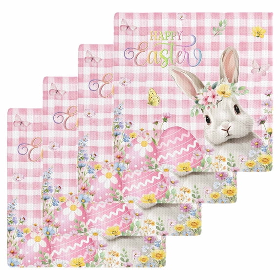 Pink Easter Kitchen Dish Towels for Drying Dishes Set of 4, Spring Easter Bunny Eggs Floral Buffalo Plaid Waffle Weave Microfiber Hand Tea Bathroom Towels Quick Dry & Absorbent Towel 12x12