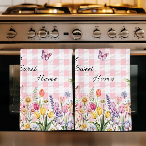 Pink Easter Kitchen Towels Set of 3, Spring Watercolor Tulip Flower Plant Plaid Absorbent Dish Towels for Kitchen, Microfiber Hand Towel, Quick Drying Tea Towel for Cleaning Decorative Dishcloths