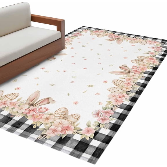 Pink Easter Living Room Rug 4x6 Washable Area Rug for Bedroom, Non-Slip Dining Room Rugs Spring Floral Farmhouse Eggs Black Plaid Indoor Carpet for Kitchen Entryway Office Nursery Laundry