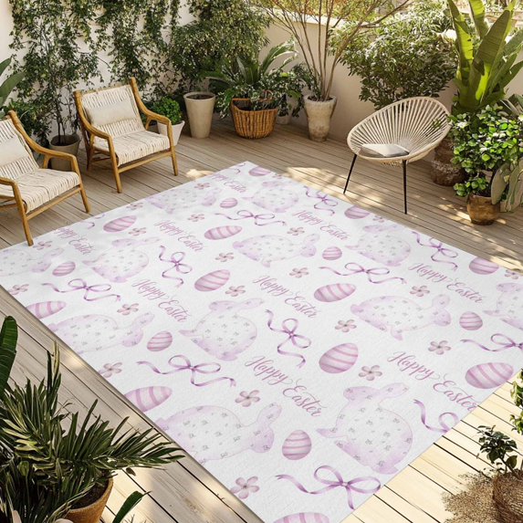 Pink Easter Outdoor Rug for Patio/Deck/Porch, Non-Slip Large Area Rug 5 x 7 Ft, Watercolor Spring Bunny Eggs Flowers Indoor Outdoor Rugs Washable Area Rugs, Reversible Camping Rug Carpet Runner