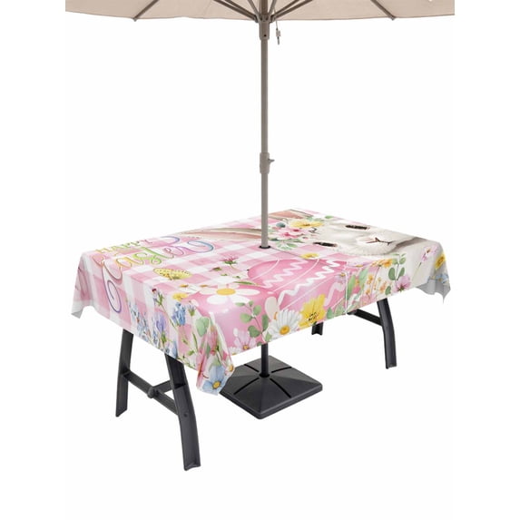 Pink Easter Outdoor Tablecloth - 60x84 Inch Rectangle Dining Table Cover, Spring Easter Bunny Eggs Floral Buffalo Plaid Waterproof Outdoor Table Cloth with Umbrella Hole & Zipper for Picnic/Patio