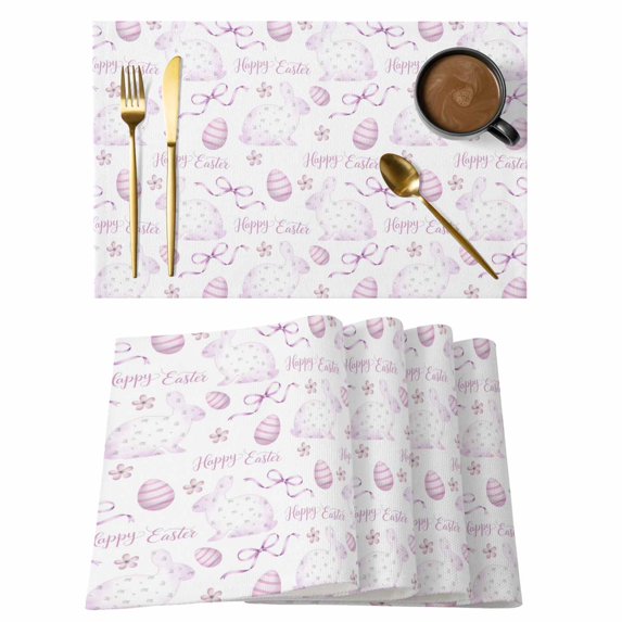 Pink Easter Placemats Set of 4, Watercolor Spring Bunny Eggs Flowers Placemats for Dining Table, Place Mats for Kitchen Tabletop, Waterproof Wipeable Dining Table Mats Set
