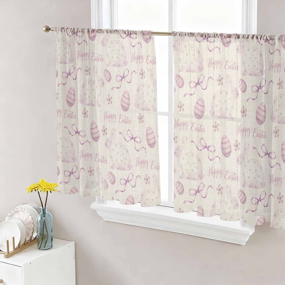 Pink Easter Sheer Curtains 45 Inch Length 2 Panels Set Window Treatments, Spring Farmhouse Vintage Bunny Eggs Beige Rod Pocket Semi Curtains for Living Room/Bedroom/Kitchen Décor, 104"W x 45"L