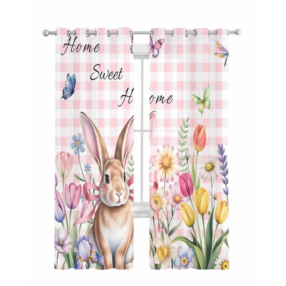 Pink Easter Sheer Curtains 84 Inch Length 2 Panels Set for Living Room/Bedroom, Spring Watercolor Tulip Flower Plant Plaid Kitchen Curtains Grommet Semi-Sheer Curtains Window Treatments 52"x84"x2