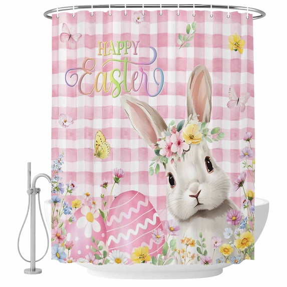 Pink Easter Shower Curtain, Waterproof Shower Curtains for Bathroom, Spring Easter Bunny Eggs Floral Buffalo Plaid Washable Fabric Bathtub Curtain Set Bath Decor with 12 Hooks 72"x78"