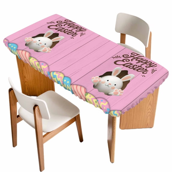 Pink Easter Table Cloths for 4 Foot Rectangle Tables, Easter Bunny Eggs Spring Cartoon Farmhouse Wood Grain Patio Waterproof Elastic Fitted Tablecloths, Washable Rectangular Table Cover for Camping