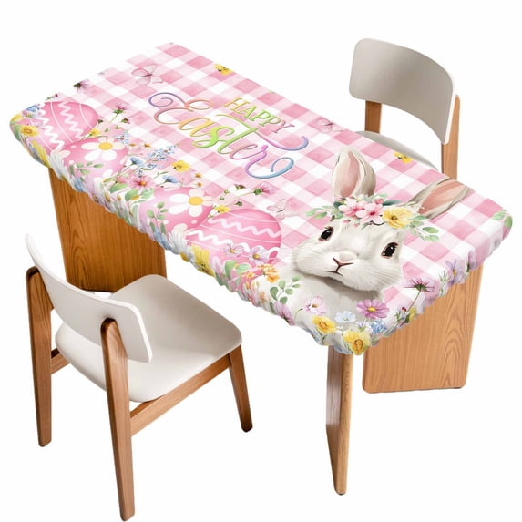 Pink Easter Table Cloths for 6 Foot Rectangle Tables, Spring Easter Bunny Eggs Floral Buffalo Plaid Patio Waterproof Elastic Fitted Tablecloths, Washable Rectangular Table Cover for Camping