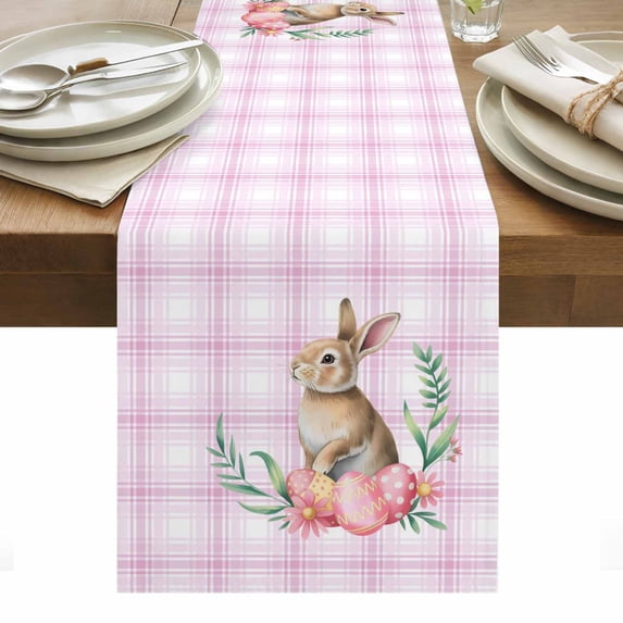Pink Easter Table Runner - 36 Inch Long, Kitchen Dining Table Runner Dresser Scarves, Bunny Eggs Spring Floral Stripes Farmhouse Farmhouse Decor for Coffee Tables Wedding Party Banquet