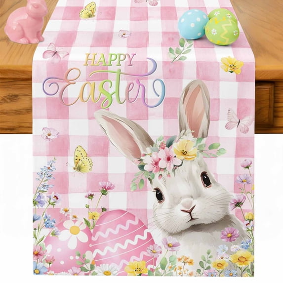 Pink Easter Table Runner 70 Inches Long for Kitchen Dining, Spring Easter Bunny Eggs Floral Buffalo Plaid Dresser Scarf Farmhouse, Dining Table Decorations for Wedding/Parties, 13 x 70 In