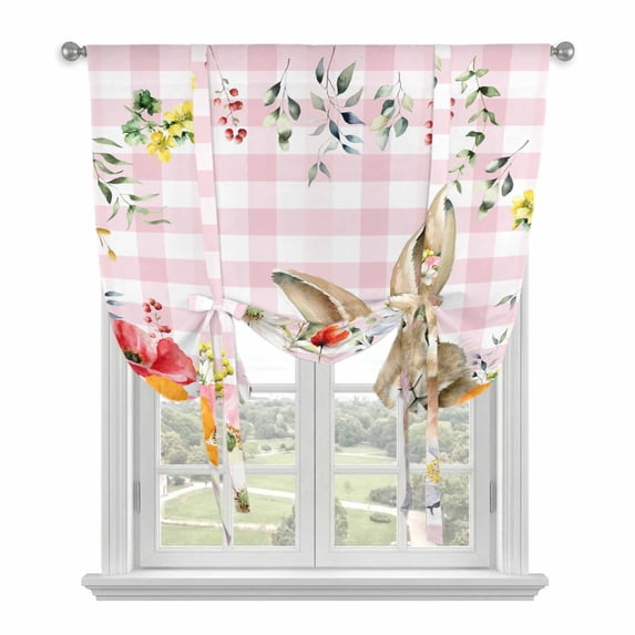 Pink Easter Tie Up Curtains 45 Inches Long, Kitchen Window Curtains Over Sink, Bunny Spring Floral Checkered Small Window Curtains Shade Balloon Curtains Valances for Bedroom/Cafe 34"x45"