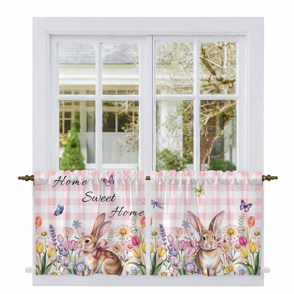 Pink Easter Tier Curtains 24 Inch Length, Spring Watercolor Tulip Flower Plant Plaid Cafe Short Curtains for Bathroom Over Sink, Small Kitchen Curtain Light Filtering Drapes 2 Panels 27.5"Wx24"L