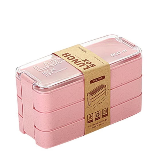 Pink Eco-Friendly Wheat Fiber Divided Lunch Box, Clear Lid Reusable Stackable Food Storage Container for Travel Camping Daily Lunch Packing