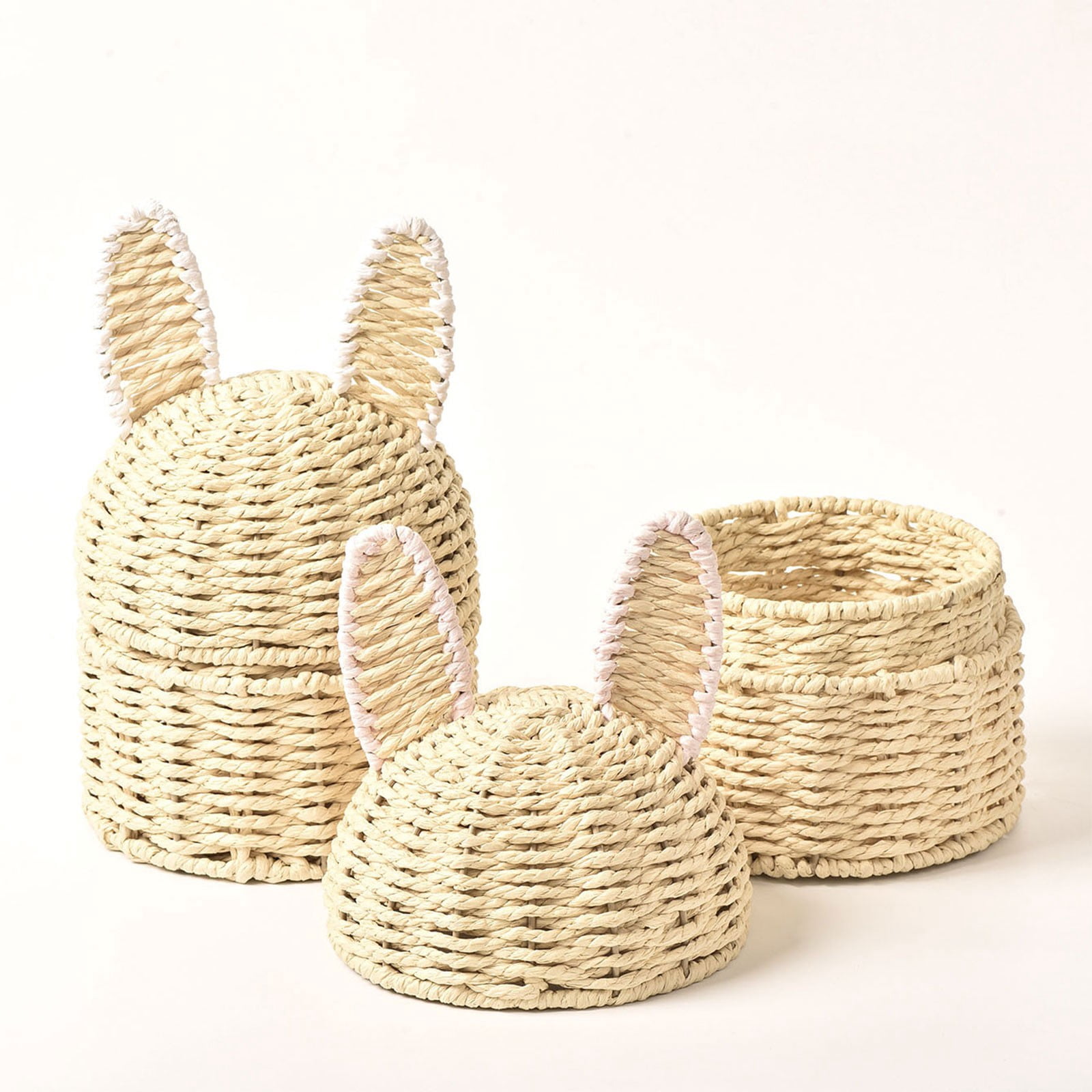 Pink-Edged Rabbit Ear Storage Basket, Easter Bunny Paper Rope Woven Storage Basket, Holiday Egg Decor Basket Home Desktop Miscellaneous Organizer, By Kingtowag