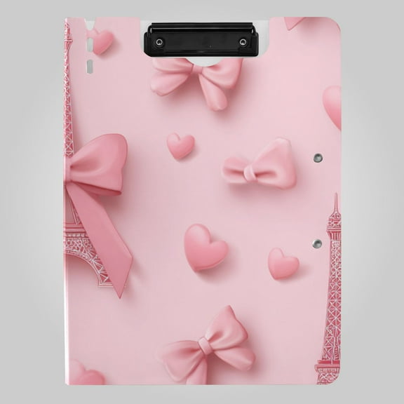 Pink Effiel Tower Hearts Bows Valentine Foldable Binder Folder Clipboard with Pen Slot Double Clips A4 Size File Storage