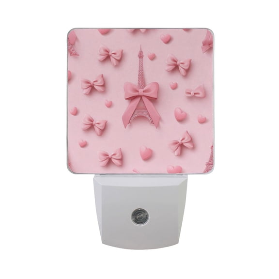 Pink Effiel Tower Hearts Bows Valentine LED Night Light Sensor Lamp Plug-in Adjustable Brightness 2 Pack