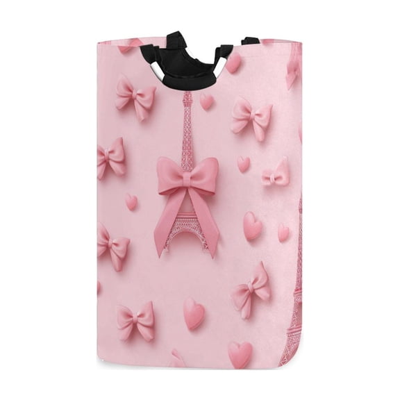 Pink Effiel Tower Hearts Bows Valentine Laundry Basket with Handles Foldable Laundry Hamper Freestanding Washing Bin 50L