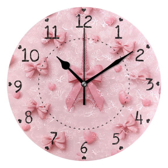 Pink Effiel Tower Hearts Bows Valentine Round Wall Clock Silent Analog Battery Operated Black Pointer Home Decor 9.84" Diameter