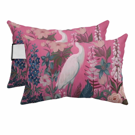 Pink Egrets Outdoor Pillows for Chaise Lounge Chair Beach Headrest Pillow Set of 2 Waterproof Lumbar Pillows with Insert&Adjustable Strap Summer Botanical Tropical Animals Floral Pool Pillow 12"x20"