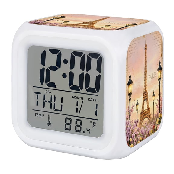 Pink Eiffel Tower Digital Alarm Clock for Bedrooms, Smart LED Alarm Clock with 7 Color Changing Night Light, Romantic Flowers Vintage Rustic Silent Wake Up Clocks for Sleep Study Cooking 3.2"x3.2"