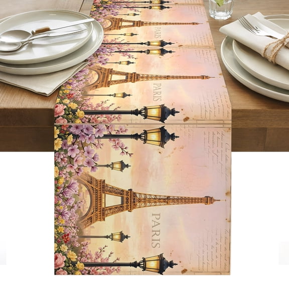 Pink Eiffel Tower Table Runner Romantic Flowers Vintage Rustic Tablerunners 13 x 48 Inch, Table Decorations Tabletop Scarf for Summer Gathering Holiday Farmhouse Kitchen Dining Decor