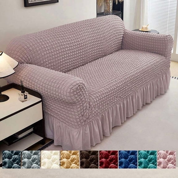 Pink Elastic Sofa Slipcover With Ruffled Skirt Pet-Resistant Universal Living Room Couch Cover