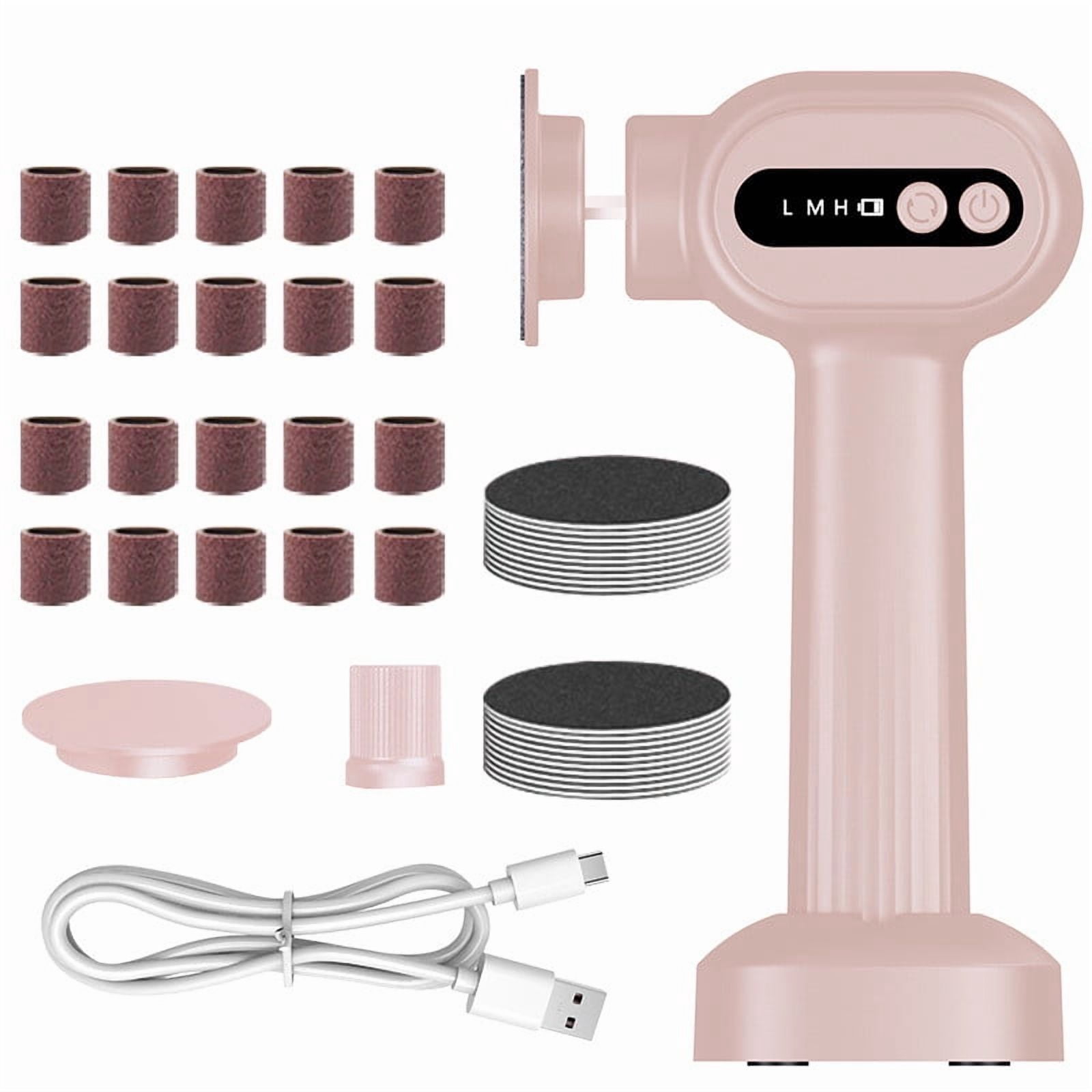 Pink Electric Foot File 6-Speed Callus Remover Rechargeable Pedicure Device with Glass Heads, Nail Buffer, Home Spa Tool for Smooth Feet