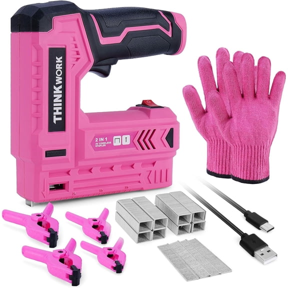 Pink Electric Staple Gun - 2 in 1 Nail Gun Battery Powered with 1000Pcs Staples and Nails, 4V Cordless Upholstery Staple Gun for Wood, Brad Nailer with USB Charger for Carpentry, Crafts, DIY