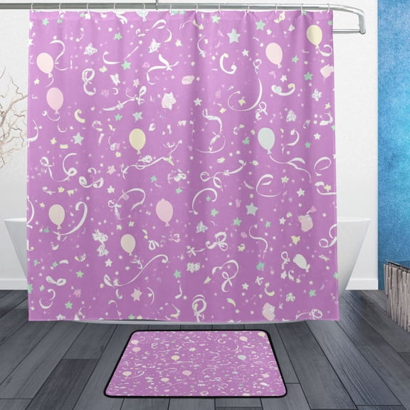 Pink Elements Pattern Bathroom Accessory Sets Waterproof Shower Curtain with Anti-Slip Bath Mat Durable Combo