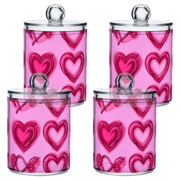 Pink Elements Romantic Bathroom Canisters Set of 4 Translucent Plastic Storage for Cotton Pads and Floss