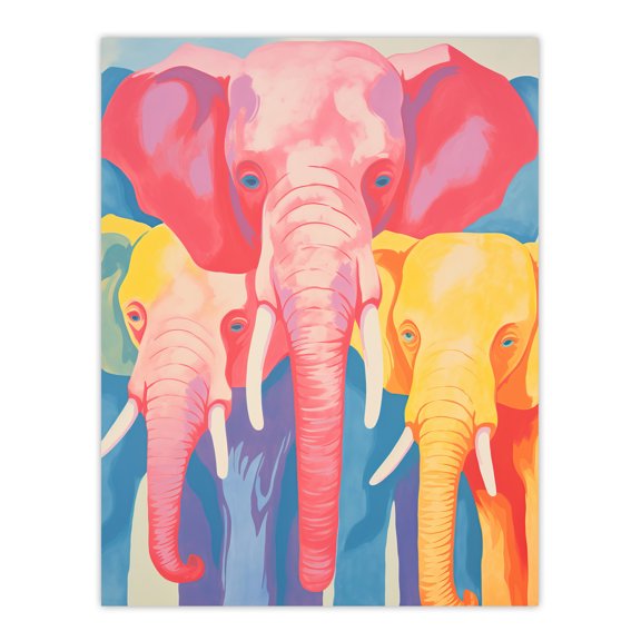Pink Elephant And Family Red Yellow Blue Soft Pastel Screenprint Unframed Wall Art Print Poster Home Decor Premium